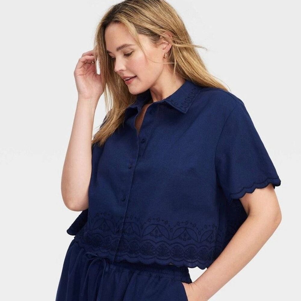 Roller Rabbit x Target Navy Blue Short Sleeve Button Down Large NEW Women